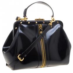 Pre Owned Versace Black Patent Leather Zip Detail Satchel