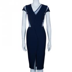 Pre Owned Victoria Beckham Navy Blue Lace Insert Bodycon Dress S