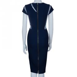 Pre Owned Victoria Beckham Navy Blue Lace Insert Bodycon Dress S