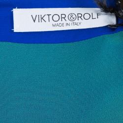 Pre Owned Viktor & Rolf Blue Silk Contrast Lapel Waist Tie Detail Dress M