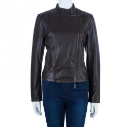 Pre Owned Weekend Max Mara Brown Leather Biker Jacket M