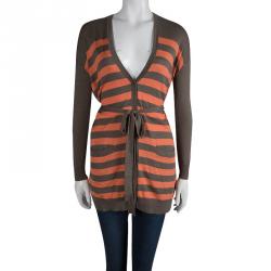 Pre Owned Weekend By Max Mara Brown and Orange Striped Belted Cardigan XS