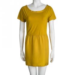 Pre Owned Weekend Max Mara Yellow Gathered Waist Short Sleeve Dress L