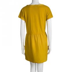 Pre Owned Weekend Max Mara Yellow Gathered Waist Short Sleeve Dress L