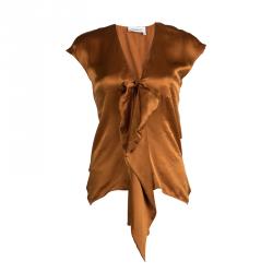 Pre Owned Yves Saint Laurent Burnt Orange Silk Bow Detail Cap Sleeve Top L