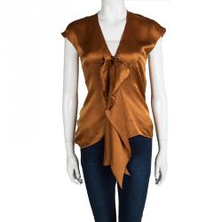 Pre Owned Yves Saint Laurent Burnt Orange Silk Bow Detail Cap Sleeve Top L