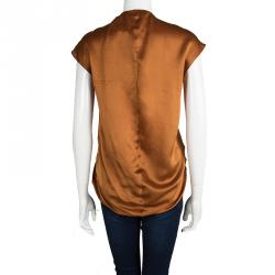 Pre Owned Yves Saint Laurent Burnt Orange Silk Bow Detail Cap Sleeve Top L