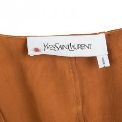 Pre Owned Yves Saint Laurent Burnt Orange Silk Bow Detail Cap Sleeve Top L