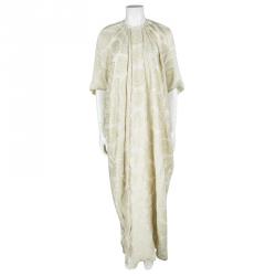 Pre Owned Yves Saint Laurent Gold Silk Jacquard Dotted Maxi Dress M