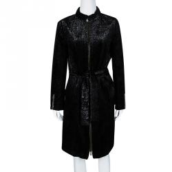 Pre Owned Yves Saint Laurent Shiny Black Quilted Velvet Belted Long Coat M