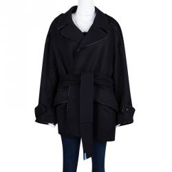 Pre Owned Yves Saint Laurent Black Wool Belted Overcoat L