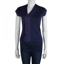 Pre Owned Yves Saint Laurent Navy Blue Knit Asymmetric Cap Sleeve Cardigan M