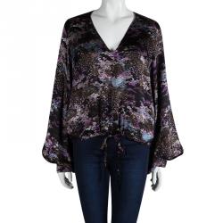 Pre Owned Yves Saint Laurent Multicolor Printed Silk Long Sleeve Tie Detail Top L