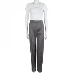 Pre Owned Yves Saint Laurent Grey High Waist Wide Leg Trousers M