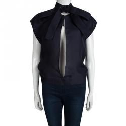 Pre Owned Yves Saint Laurent Navy Blue Silk Tie Detail Open Front Top M