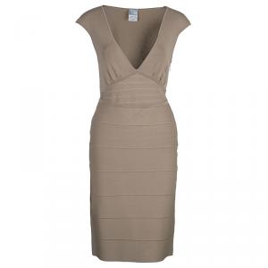 Pre Owned Herve Leger Beige Bandage Top And Skirt Set M/S