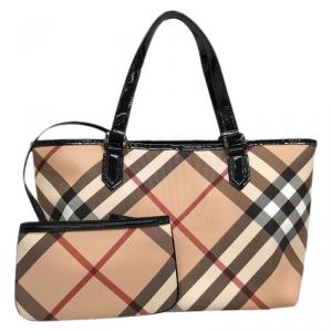 Pre Owned Burberry Black Supernova Check Coated Canvas Nickie Tote