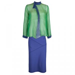 Pre Owned Emporio Armani Green Blue Silk Top Skirt Combo S/L