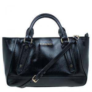Pre Owned Burberry Black Patent Leather Textured Somerford Convertible Tote