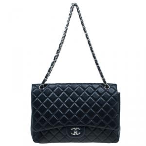 Pre Owned Chanel Black Lambskin Classic Maxi Flap Bag