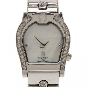 Pre Owned Aigner Mother Of Pearl Diamond Stainless Steel Verona A01200 Womens Wristwatch  