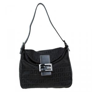 Pre Owned Fendi Black Zucchino Canvas Shoulder Bag