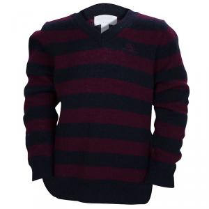 Burberry Children Navy Blue and Burgundy Striped Cashmere V- Neck Sweater 4 Yrs