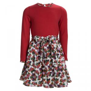 CH Carolina Herrera Red Cotton Floral Printed Contrast Bodice Long Sleeve Dress 6 Yrs