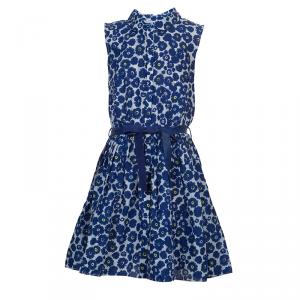 Dior Blue Floral Print Sleeveless Belted Shirt Dress Size 8 Yrs
