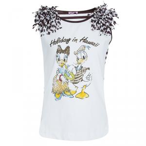 Monnalisa White Striped Donald and Daisy Duck Print Embellished Sleeveless T-Shirt 10 Yrs