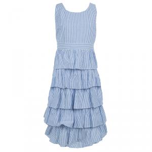 Pre Owned Ralph Lauren Blue and White Striped Seersucker Sleeveless Tiered Dress 16 Yrs