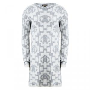 Roberto Cavalli Grey Logo Pattern Crew Neck Mini Sweater Dress 10 Yrs