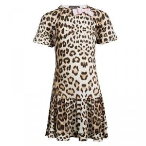 Roberto Cavalli Brown Leopard Printed Jersey Bow Detail Ruffle Bottom Dress 6 Yrs