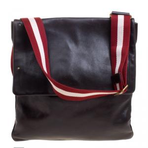 Bally Dark Brown Leather Messenger Flap Bag