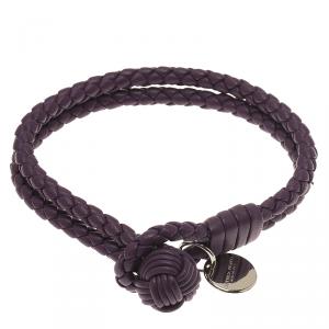 Pre Owned Bottega Veneta Intrecciato Nappa Double Strand Purple Leather Bracelet