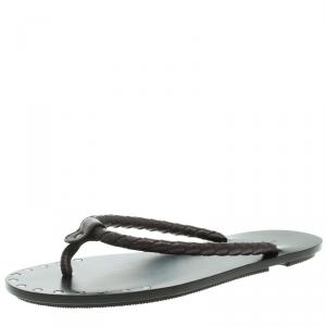 Pre Owned Bottega Veneta Brown Intrecciato Leather Thong Sandals Size 41.5