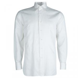 قميص بريوني أبيض مخطط أكمام طويلة أزرار أمامية M