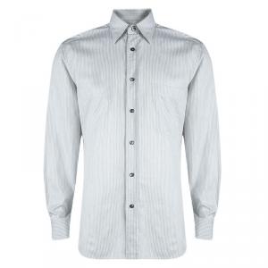 قميص بريوني قطن أبيض ورصاصي مقلم بأكمام طويلة أزرار أمامية XL