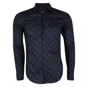 Burberry London Deep Teal Blue Geometric Printed Long Sleeve Cotton Shirt S