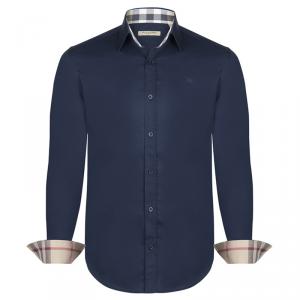 Pre Owned Burberry Brit Navy Blue Novacheck Detail Cotton Shirt XXL