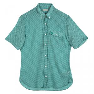 Burberry Brit Cyan Green Pin Checked Cotton Short Sleeve Shirt S