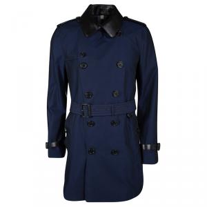 Pre Owned Burberry London Two Tone Leather Trim Detail Double Breasted Belted Trench Coat L
