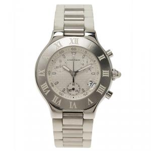 Pre Owned Cartier White Stainless Steel Chronoscaph 21 Men's Wristwatch 38MM