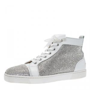 Christian Louboutin White Strass Leather Louis High Top Sneakers Size 43