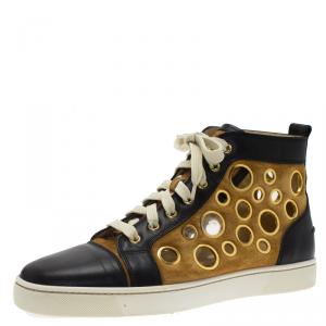  Christian Louboutin Black Leather and Brown Suede Mika On Stage High Top Sneakers Size 43