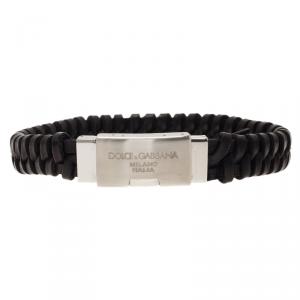 Dolce & Gabbana Woven Black Leather Silver Tone Bracelet Size L