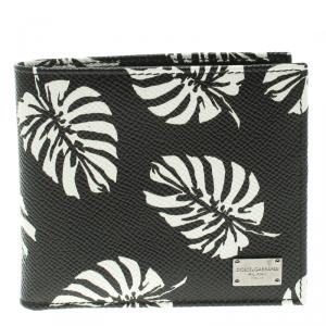 Dolce and Gabbana Black Leaf print Leather Bifold Wallet