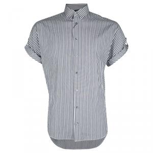 Pre Owned Dolce and Gabbana Grey and White Striped Cotton Short Sleeve Shirt M
