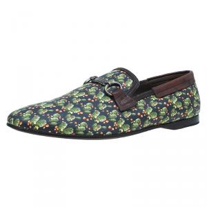Pre Owned Dolce and Gabbana Brown Leather and Tomato Printed Canvas Amalfi Slip-Ons Size 43.5