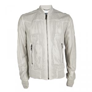 Pre Owned Dolce and Gabbana Grey Perforated Lambskin Leather Bomber Jacket XL